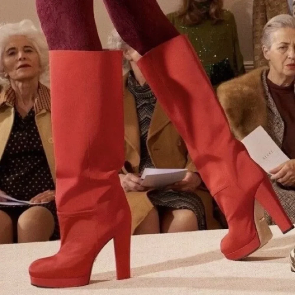 Gucci Red Fabric Platform Knee High Boots - Picture 1 of 7